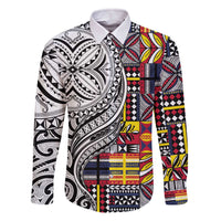Niue Hiapo and Maori Decoration Tattoos Family Matching Off The Shoulder Long Sleeve Dress and Hawaiian Shirt LT03 Dad's Shirt - Long Sleeve White - Polynesian Pride