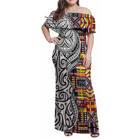 Niue Hiapo and Maori Decoration Tattoos Family Matching Off Shoulder Maxi Dress and Hawaiian Shirt LT03 Mom's Dress White - Polynesian Pride