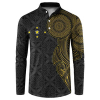 Niue Polynesian Hiapo Tattoo Art Button Sweatshirt Half Style Black Gold Color LT03 Black - Polynesian Pride
