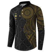 Niue Polynesian Hiapo Tattoo Art Button Sweatshirt Half Style Black Gold Color LT03 - Polynesian Pride