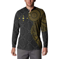 Niue Polynesian Hiapo Tattoo Art Button Sweatshirt Half Style Black Gold Color LT03 - Polynesian Pride