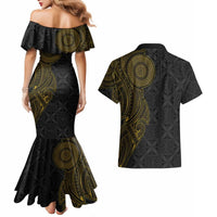 Niue Polynesian Hiapo Tattoo Art Couples Matching Mermaid Dress and Hawaiian Shirt Half Style Black Gold Color LT03 - Polynesian Pride