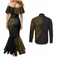 Niue Polynesian Hiapo Tattoo Art Couples Matching Mermaid Dress and Long Sleeve Button Shirt Half Style Black Gold Color LT03 - Polynesian Pride