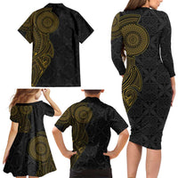 Niue Polynesian Hiapo Tattoo Art Family Matching Long Sleeve Bodycon Dress and Hawaiian Shirt Half Style Black Gold Color LT03 - Polynesian Pride