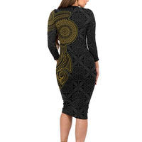 Niue Polynesian Hiapo Tattoo Art Family Matching Long Sleeve Bodycon Dress and Hawaiian Shirt Half Style Black Gold Color LT03 - Polynesian Pride