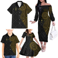 Niue Polynesian Hiapo Tattoo Art Family Matching Off The Shoulder Long Sleeve Dress and Hawaiian Shirt Half Style Black Gold Color LT03 - Polynesian Pride