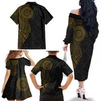 Niue Polynesian Hiapo Tattoo Art Family Matching Off The Shoulder Long Sleeve Dress and Hawaiian Shirt Half Style Black Gold Color LT03 - Polynesian Pride