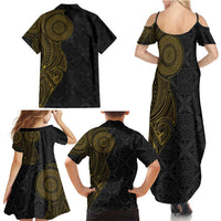 Niue Polynesian Hiapo Tattoo Art Family Matching Summer Maxi Dress and Hawaiian Shirt Half Style Black Gold Color LT03 - Polynesian Pride