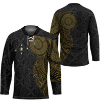 Niue Polynesian Hiapo Tattoo Art Hockey Jersey Half Style Black Gold Color - Polynesian Pride