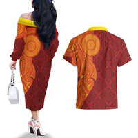 Niue Polynesian Hiapo Tattoo Art Couples Matching Off The Shoulder Long Sleeve Dress and Hawaiian Shirt Half Style Red Yellow Color LT03 - Polynesian Pride