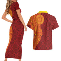 Niue Polynesian Hiapo Tattoo Art Couples Matching Short Sleeve Bodycon Dress and Hawaiian Shirt Half Style Red Yellow Color LT03 - Polynesian Pride