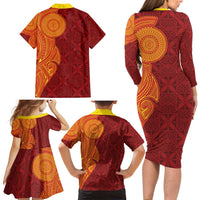 Niue Polynesian Hiapo Tattoo Art Family Matching Long Sleeve Bodycon Dress and Hawaiian Shirt Half Style Red Yellow Color LT03 - Polynesian Pride