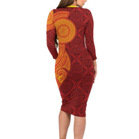 Niue Polynesian Hiapo Tattoo Art Family Matching Long Sleeve Bodycon Dress and Hawaiian Shirt Half Style Red Yellow Color LT03 - Polynesian Pride
