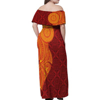 Niue Polynesian Hiapo Tattoo Art Family Matching Off Shoulder Maxi Dress and Hawaiian Shirt Half Style Red Yellow Color LT03 - Polynesian Pride