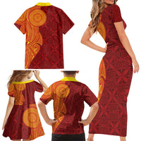 Niue Polynesian Hiapo Tattoo Art Family Matching Short Sleeve Bodycon Dress and Hawaiian Shirt Half Style Red Yellow Color LT03 - Polynesian Pride