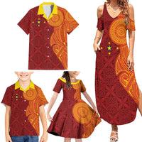 Niue Polynesian Hiapo Tattoo Art Family Matching Summer Maxi Dress and Hawaiian Shirt Half Style Red Yellow Color LT03 - Polynesian Pride