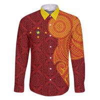 Niue Polynesian Hiapo Tattoo Art Family Matching Summer Maxi Dress and Hawaiian Shirt Half Style Red Yellow Color LT03 Dad's Shirt - Long Sleeve Red - Polynesian Pride