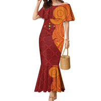 Niue Polynesian Hiapo Tattoo Art Mermaid Dress Half Style Red Yellow Color - Polynesian Pride