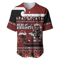 New Zealand Christmas Baseball Jersey Meri Kirihimete Aotearoa Warrior on Waka with Maori Art Tattoo LT03 Red - Polynesian Pride