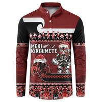 New Zealand Christmas Button Sweatshirt Meri Kirihimete Aotearoa Warrior on Waka with Maori Art Tattoo LT03 Red - Polynesian Pride