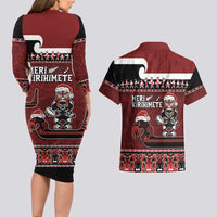 New Zealand Christmas Couples Matching Long Sleeve Bodycon Dress and Hawaiian Shirt Meri Kirihimete Aotearoa Warrior on Waka with Maori Art Tattoo LT03 - Polynesian Pride