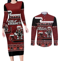 New Zealand Christmas Couples Matching Long Sleeve Bodycon Dress and Long Sleeve Button Shirt Meri Kirihimete Aotearoa Warrior on Waka with Maori Art Tattoo LT03 Red - Polynesian Pride