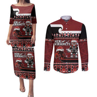 New Zealand Christmas Couples Matching Puletasi and Long Sleeve Button Shirt Meri Kirihimete Aotearoa Warrior on Waka with Maori Art Tattoo LT03 Red - Polynesian Pride