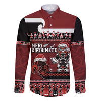 New Zealand Christmas Family Matching Puletasi and Hawaiian Shirt Meri Kirihimete Aotearoa Warrior on Waka with Maori Art Tattoo LT03 Dad's Shirt - Long Sleeve Red - Polynesian Pride
