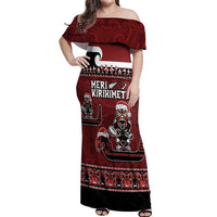 New Zealand Christmas Off Shoulder Maxi Dress Meri Kirihimete Aotearoa Warrior on Waka with Maori Art Tattoo LT03 Women Red - Polynesian Pride