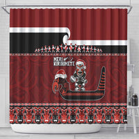 New Zealand Christmas Shower Curtain Meri Kirihimete Aotearoa Warrior on Waka with Maori Art Tattoo LT03 - Polynesian Pride