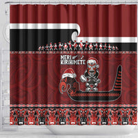 New Zealand Christmas Shower Curtain Meri Kirihimete Aotearoa Warrior on Waka with Maori Art Tattoo LT03 - Polynesian Pride