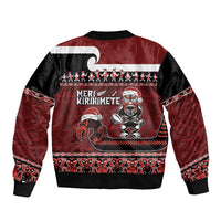 New Zealand Christmas Sleeve Zip Bomber Jacket Meri Kirihimete Aotearoa Warrior on Waka with Maori Art Tattoo LT03 - Polynesian Pride