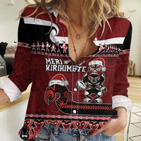 New Zealand Christmas Women Casual Shirt Meri Kirihimete Aotearoa Warrior on Waka with Maori Art Tattoo LT03 Female Red - Polynesian Pride