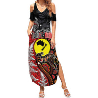 Aotearoa and Australia Toitu Te Tiriti Family Matching Summer Maxi Dress and Hawaiian Shirt Honour the Treaty - Te Tiriti Is Us LT03 Mom's Dress Black - Polynesian Pride