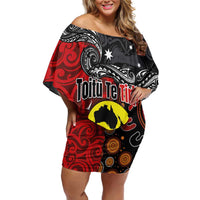 Aotearoa and Australia Toitu Te Tiriti Off Shoulder Short Dress Honour the Treaty - Te Tiriti Is Us LT03 Women Black - Polynesian Pride
