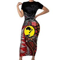 Aotearoa and Australia Toitu Te Tiriti Short Sleeve Bodycon Dress Honour the Treaty - Te Tiriti Is Us LT03 Long Dress Black - Polynesian Pride