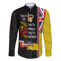 Aotearoa and Niue Toitu Te Tiriti Family Matching Off Shoulder Maxi Dress and Hawaiian Shirt Honour the Treaty - Fight Together Stand Together LT03 Dad's Shirt - Long Sleeve Black - Polynesian Pride
