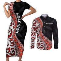 Aotearoa Maori Stylized Koru - Silver Ferns Couples Matching Short Sleeve Bodycon Dress and Long Sleeve Button Shirt
