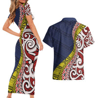 Aotearoa and Niue Couples Matching Short Sleeve Bodycon Dress and Hawaiian Shirt Hiapo Maori Stylized Koru LT03 - Polynesian Pride