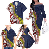 Aotearoa and Niue Family Matching Off The Shoulder Long Sleeve Dress and Hawaiian Shirt Hiapo Maori Stylized Koru LT03 - Polynesian Pride