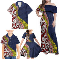 Aotearoa and Niue Family Matching Off Shoulder Maxi Dress and Hawaiian Shirt Hiapo Maori Stylized Koru LT03 - Polynesian Pride