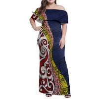 Aotearoa and Niue Family Matching Off Shoulder Maxi Dress and Hawaiian Shirt Hiapo Maori Stylized Koru LT03 Mom's Dress Blue - Polynesian Pride