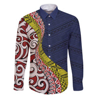 Aotearoa and Niue Family Matching Summer Maxi Dress and Hawaiian Shirt Hiapo Maori Stylized Koru LT03 Dad's Shirt - Long Sleeve Blue - Polynesian Pride