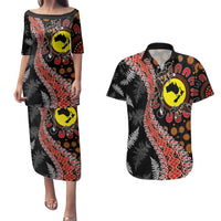 Aotearoa and Australia Couples Matching Puletasi and Hawaiian Shirt Maori Koru Ferns With Aboriginal Kangaroo
