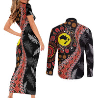 Aotearoa and Australia Couples Matching Short Sleeve Bodycon Dress and Long Sleeve Button Shirt Maori Koru Ferns With Aboriginal Kangaroo