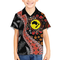 Aotearoa and Australia Family Matching Long Sleeve Bodycon Dress and Hawaiian Shirt Maori Koru Ferns With Aboriginal Kangaroo LT03 Son's Shirt Black - Polynesian Pride