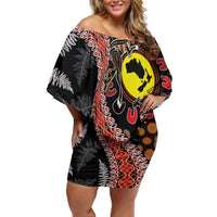 Aotearoa and Australia Family Matching Off Shoulder Short Dress and Hawaiian Shirt Maori Koru Ferns With Aboriginal Kangaroo LT03 Mom's Dress Black - Polynesian Pride