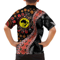 Aotearoa and Australia Family Matching Short Sleeve Bodycon Dress and Hawaiian Shirt Maori Koru Ferns With Aboriginal Kangaroo