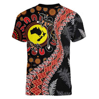 Aotearoa and Australia Women V-Neck T-Shirt Maori Koru Ferns With Aboriginal Kangaroo