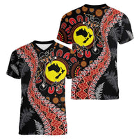 Aotearoa and Australia Women V-Neck T-Shirt Maori Koru Ferns With Aboriginal Kangaroo